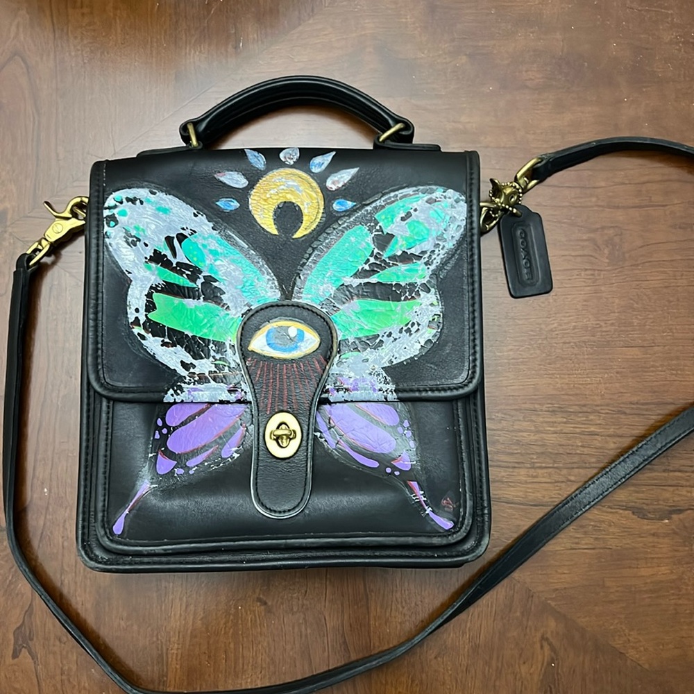 Vintage Coach Willis 9927 Leather Satchel / Crossbody Bag, w/ Art of abutterfly